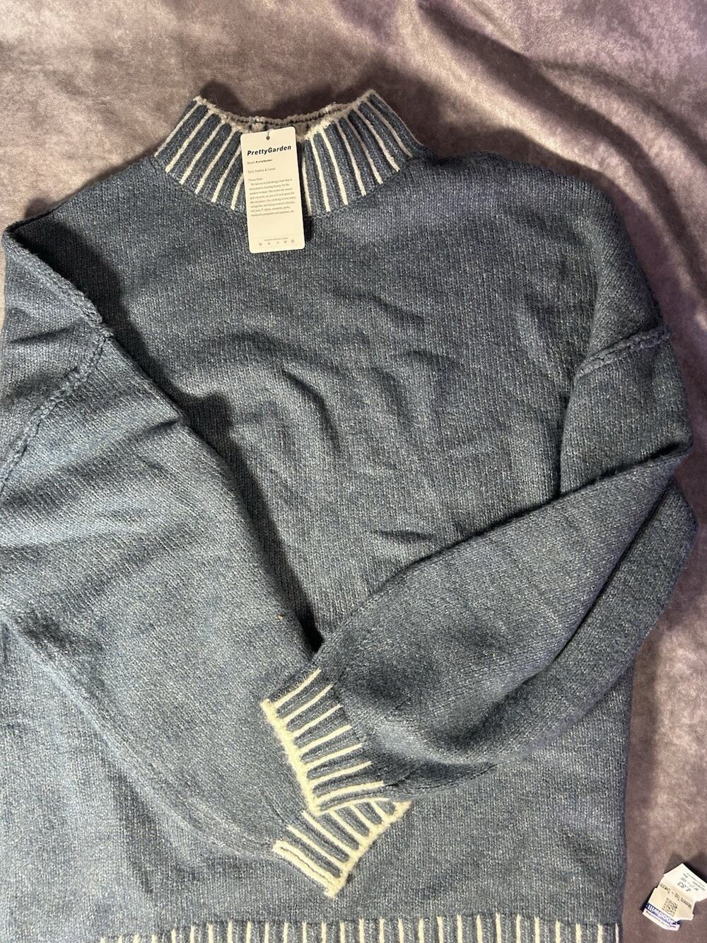 PrettyGarden Womens Medium Oversized Blue Knit Sweater Mock Neck NWT